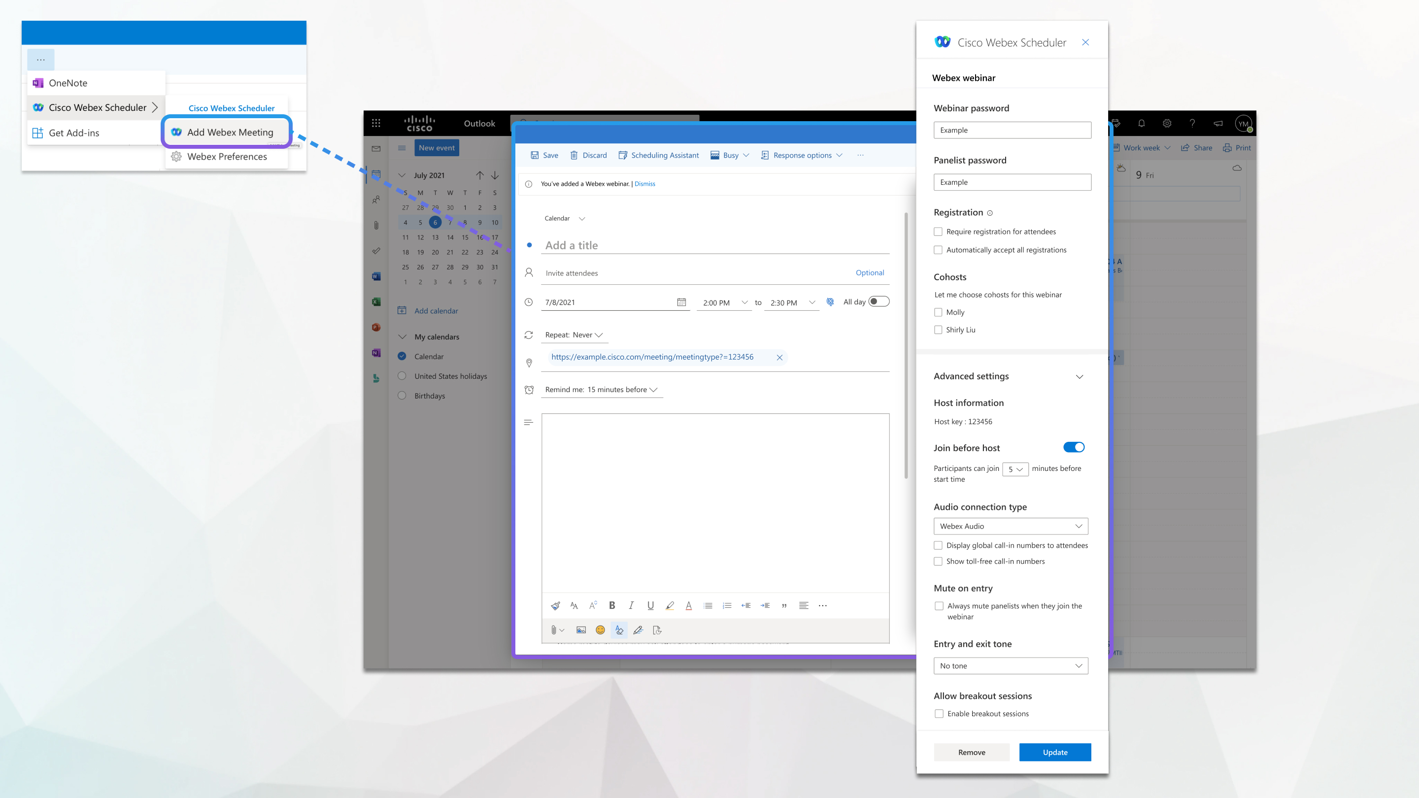 Adding a webinar from Webex scheduler.