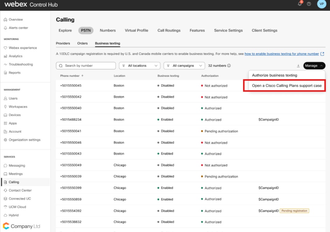 “PSTN” ve “Iş amaçlı mesajlaşma” sekmelerinin seçili olduğu Control Hub “Çağrı” sayfası ve “Cisco Çağrı Planları destek vakası aç” seçeneğinin vurgulandığı “Yönet” menüsünü gösteriyor.