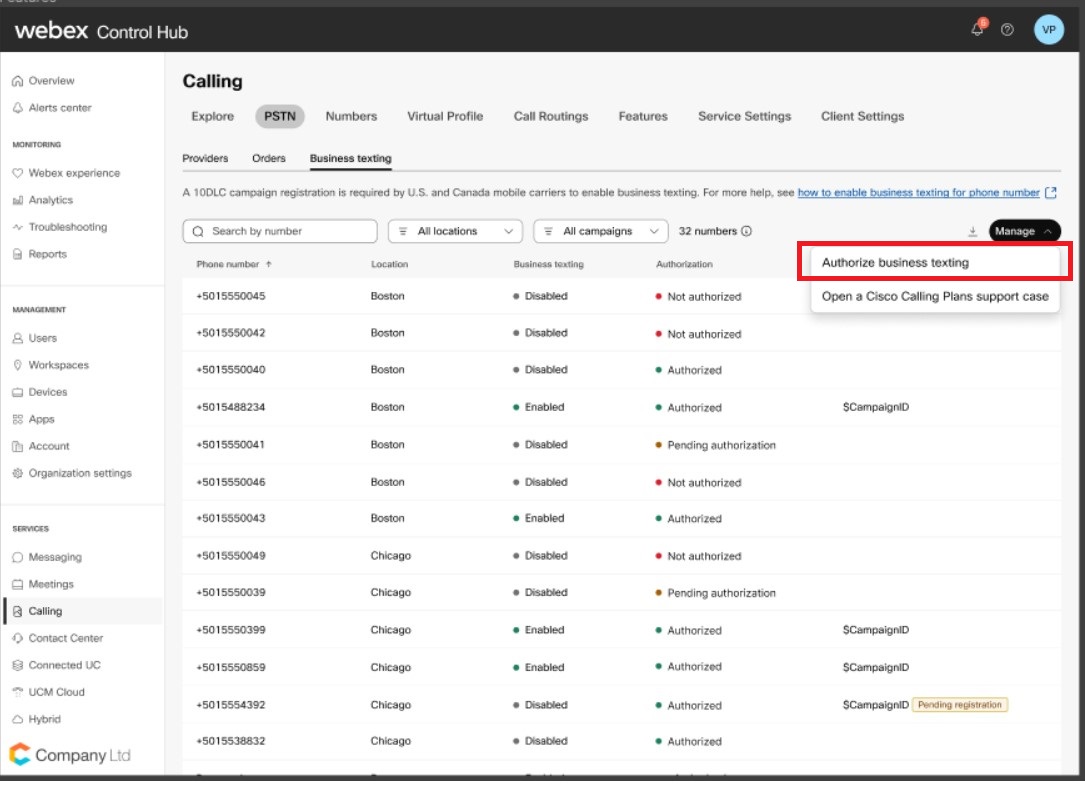 选择了“PSTN”和“业务短信”选项卡的Control Hub“呼叫”页面，显示突出显示“授权业务短信”选项的“管理”菜单。