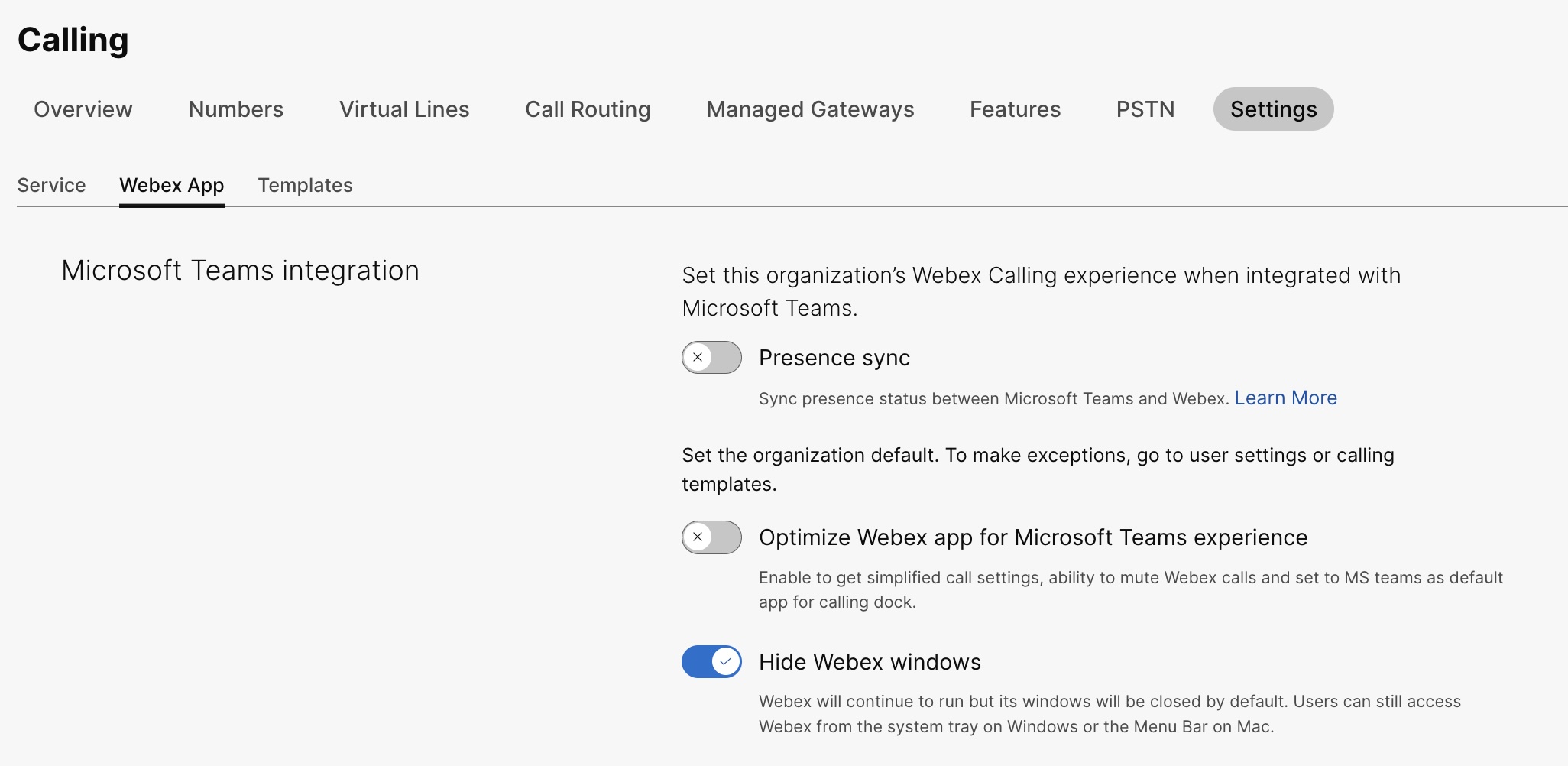 Microsoft Teams integration section with the Hide Webex windows toggle enabled