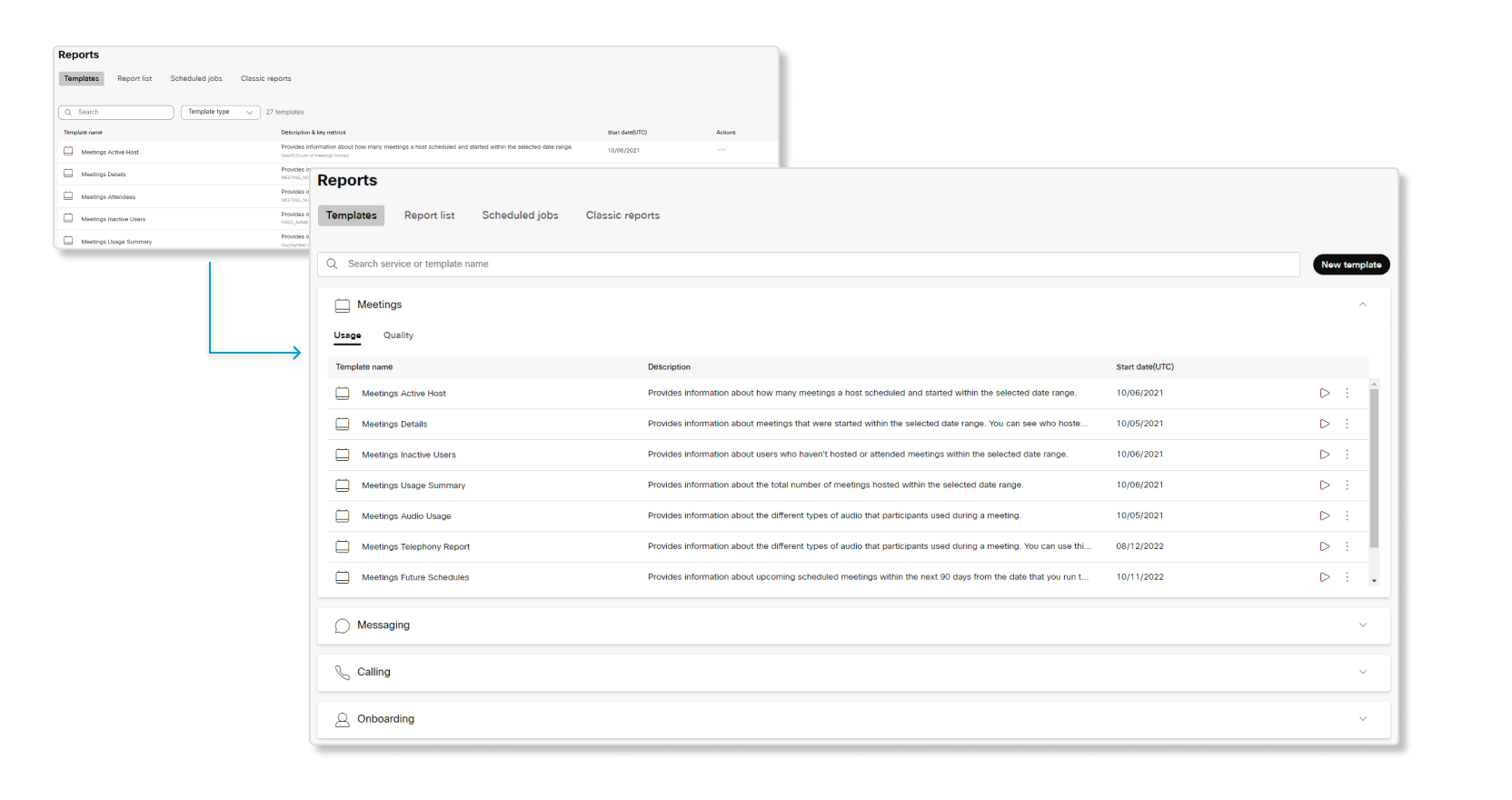 Старый пользовательский интерфейс отчетов и новый пользовательский интерфейс отчетов в Control Hub