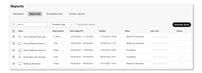 Interfaz de usuario de la lista de informes en Control Hub
