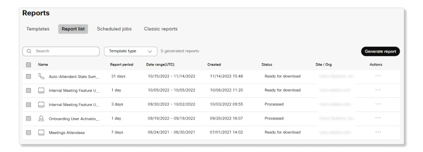 Interfaccia utente dell'elenco report in Control Hub