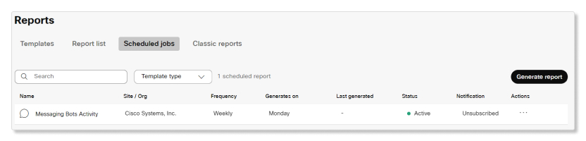 Interface do usuário de relatórios agendados no Control Hub