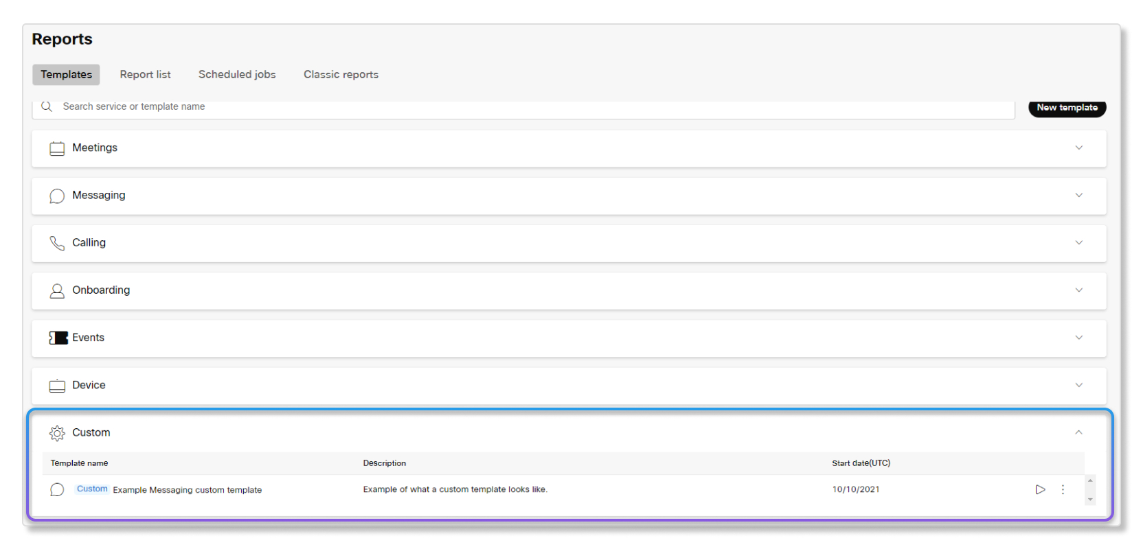 Custom reports section in Control Hub