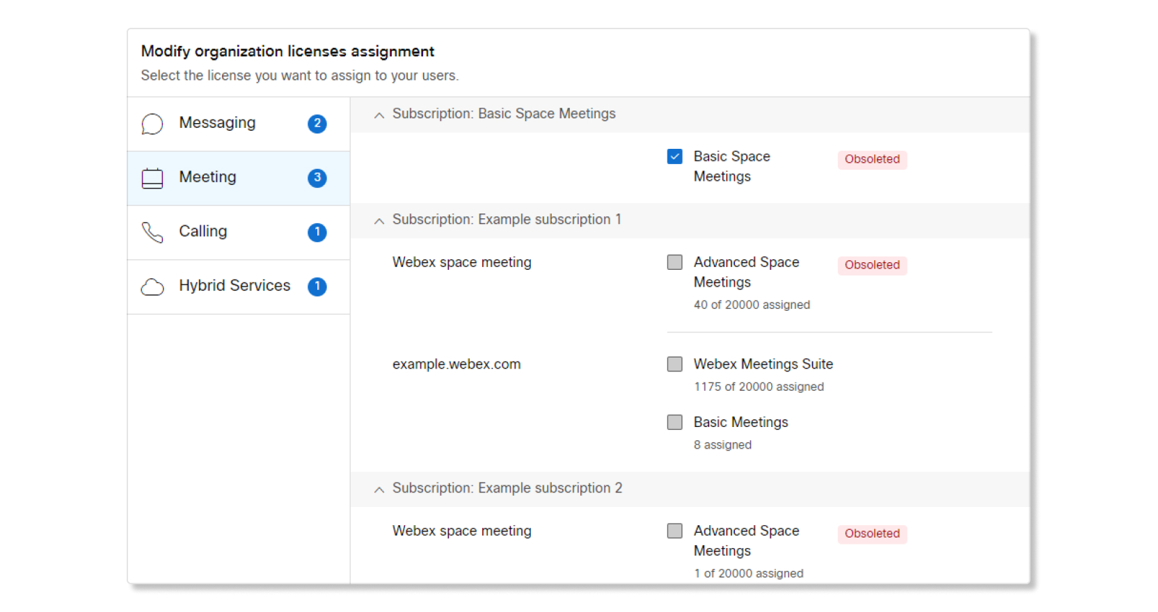 Licentietoewijzingsvenster met Basic Space Meetings met verouderde tag in Control Hub