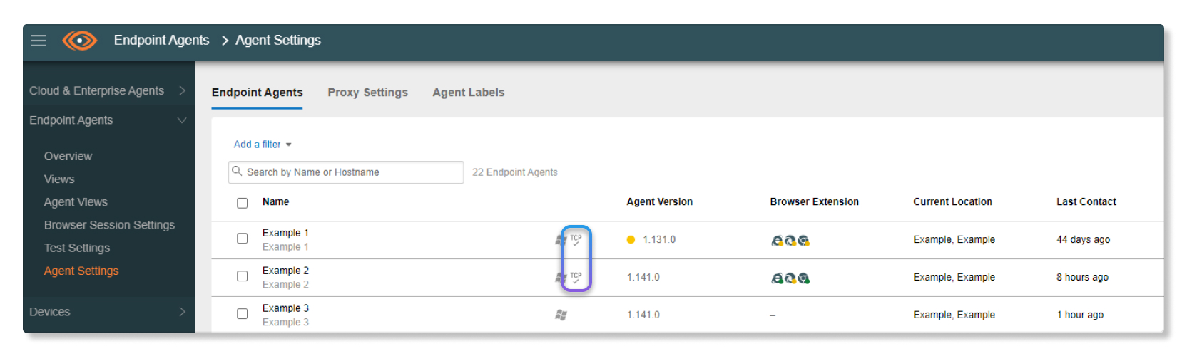 Agente de endpoint com TCP ativado no painel ThousandEyes