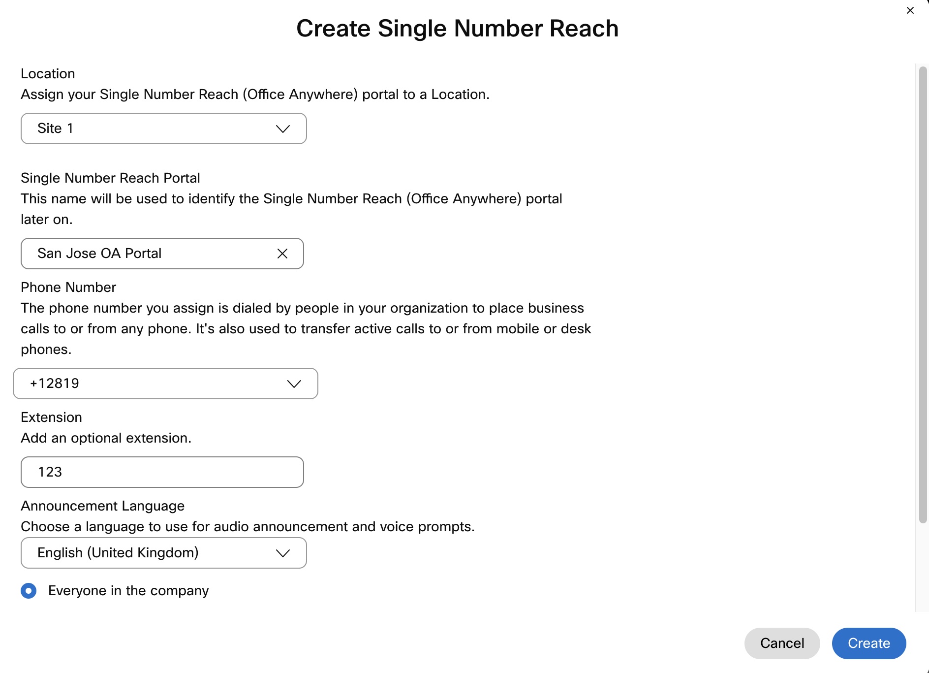 Vindue til konfiguration på placeringsniveau for Single Number Reach. Administrator indtaster oplysninger som f.eks. lokalitet, navn, nummer og meddelelsessprog.