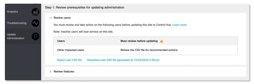 Review users section when updating site from Site Admin to Control Hub