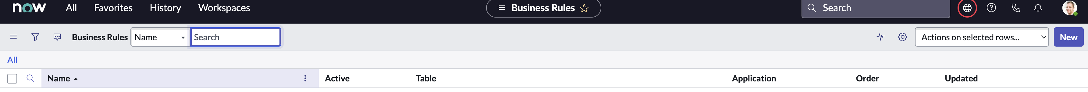 ServiceNow developer instance Business Rules page header.