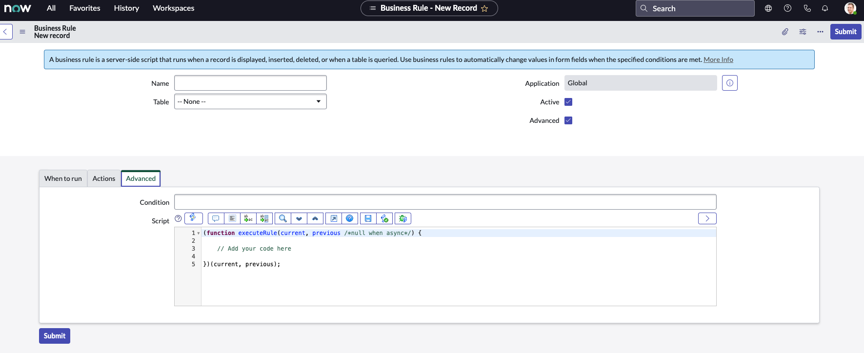 ServiceNow developer instance Business Rule – New Record.