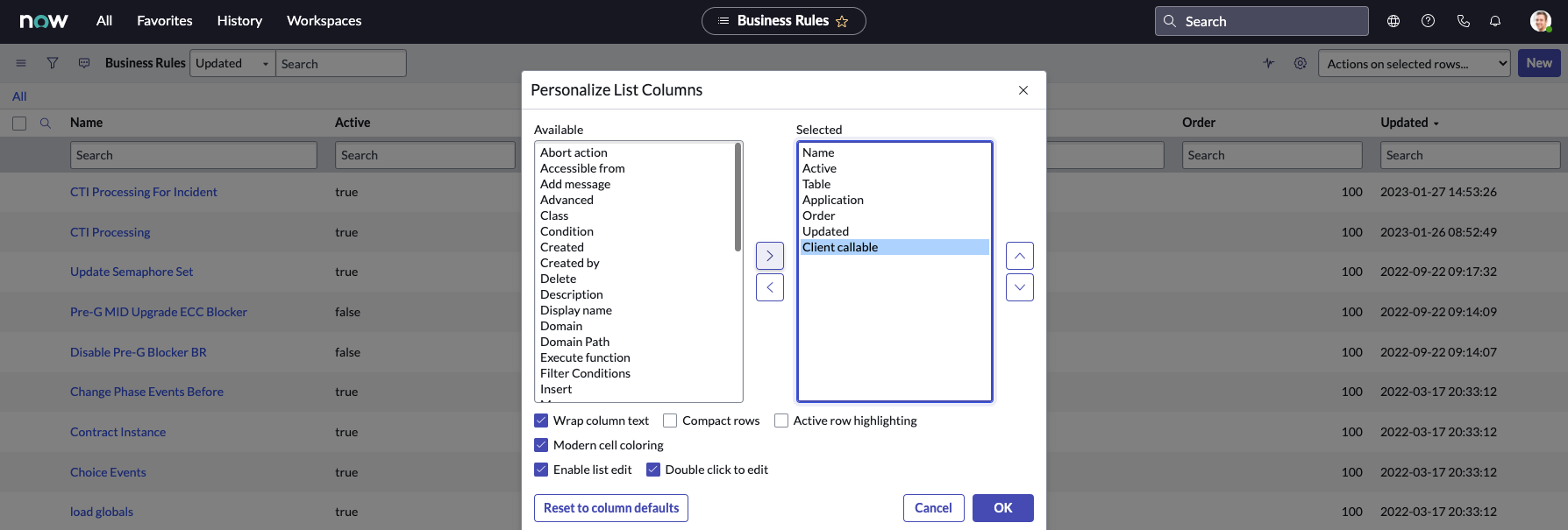 ServiceNow developer instance Business Rules page with the Personalized List Columns popup screen showing ‘Client callable’ in the ‘Selected’ column.