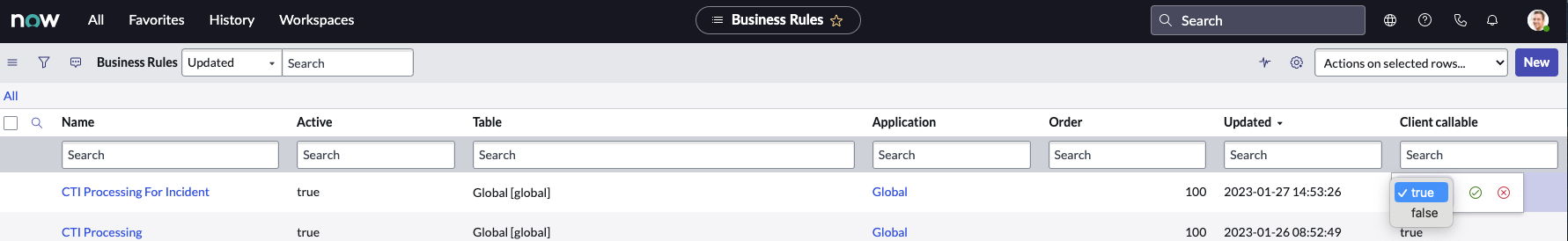 ServiceNow developer instance Business Rules page showing the Client callable column with options to select ‘true’ or ‘false’