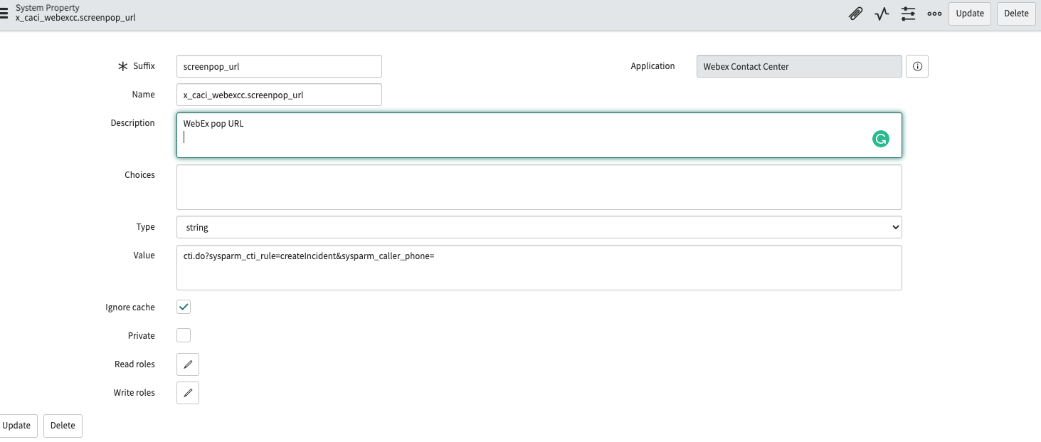 System Property page for screenpop_url showing update to the custom CTI rule in the ‘Value’ field.