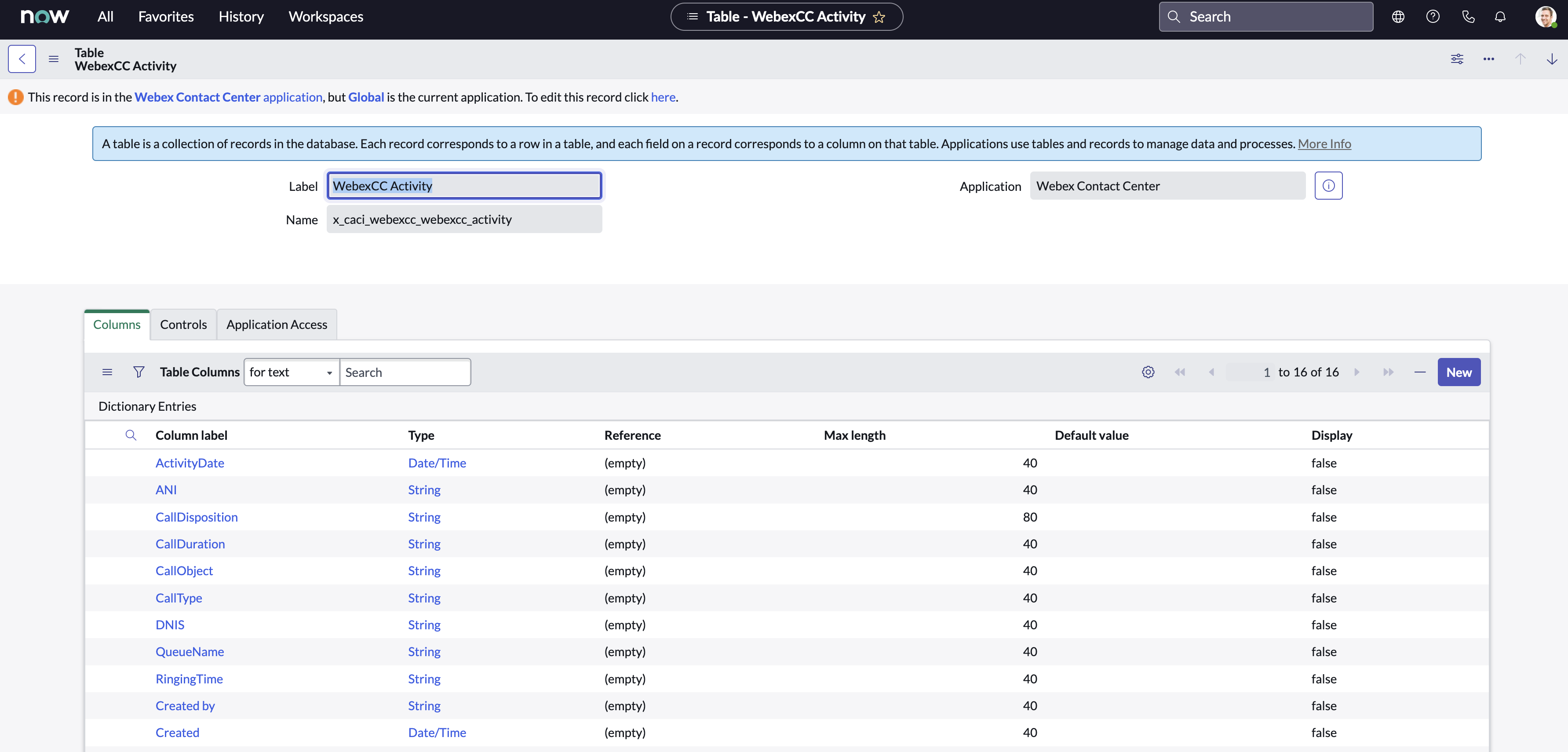 ServiceNow developer instance Table – WebexCC Activity page.