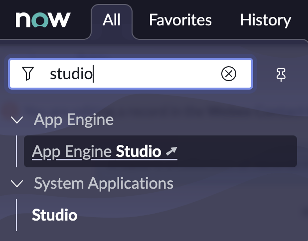 ServiceNow developer instance filter navigator search for ‘studio’  highlighting the cross launch search result for ‘App Engine Studio’