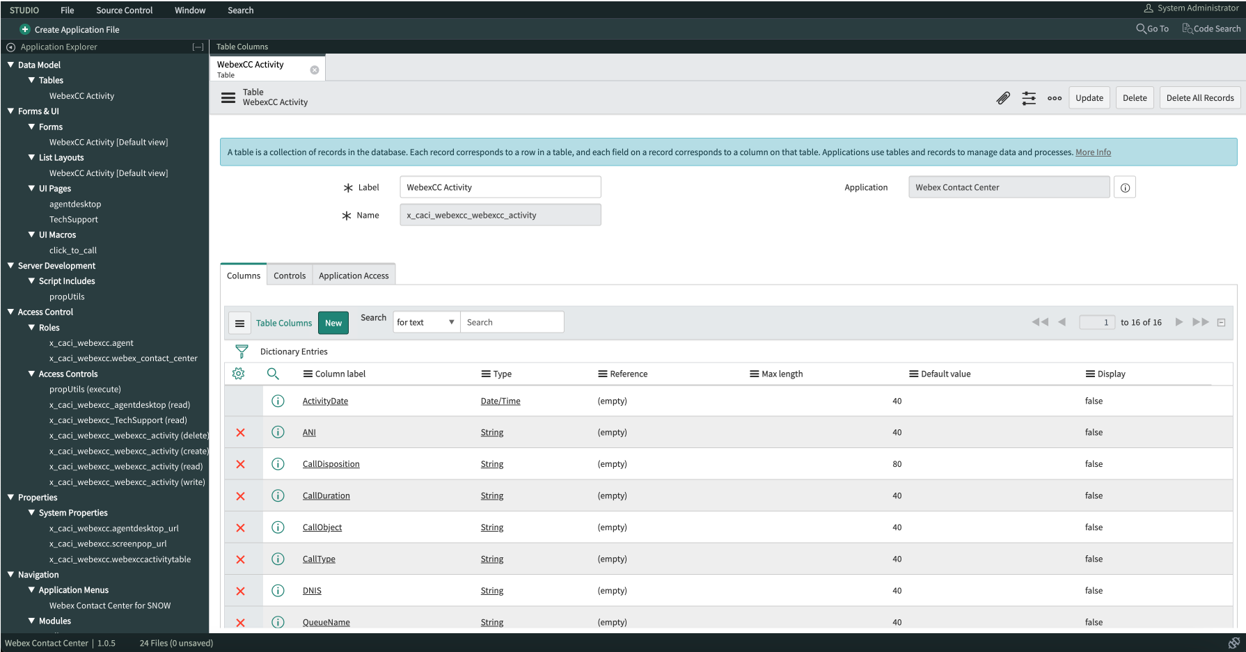 App Engine Studio WebexCC Activity table.