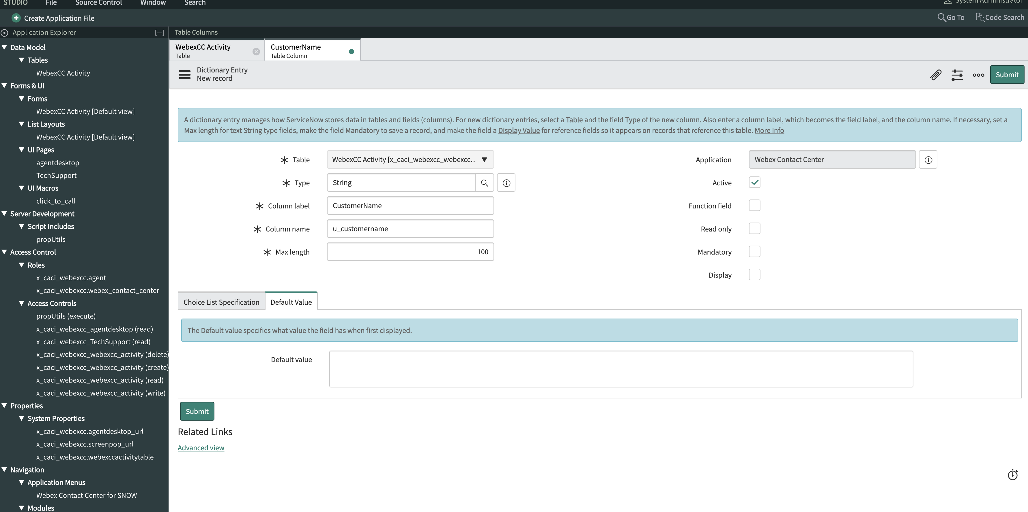 App Engine Studio WebexCC Activity table column edit example for ‘CustomerName’ column.