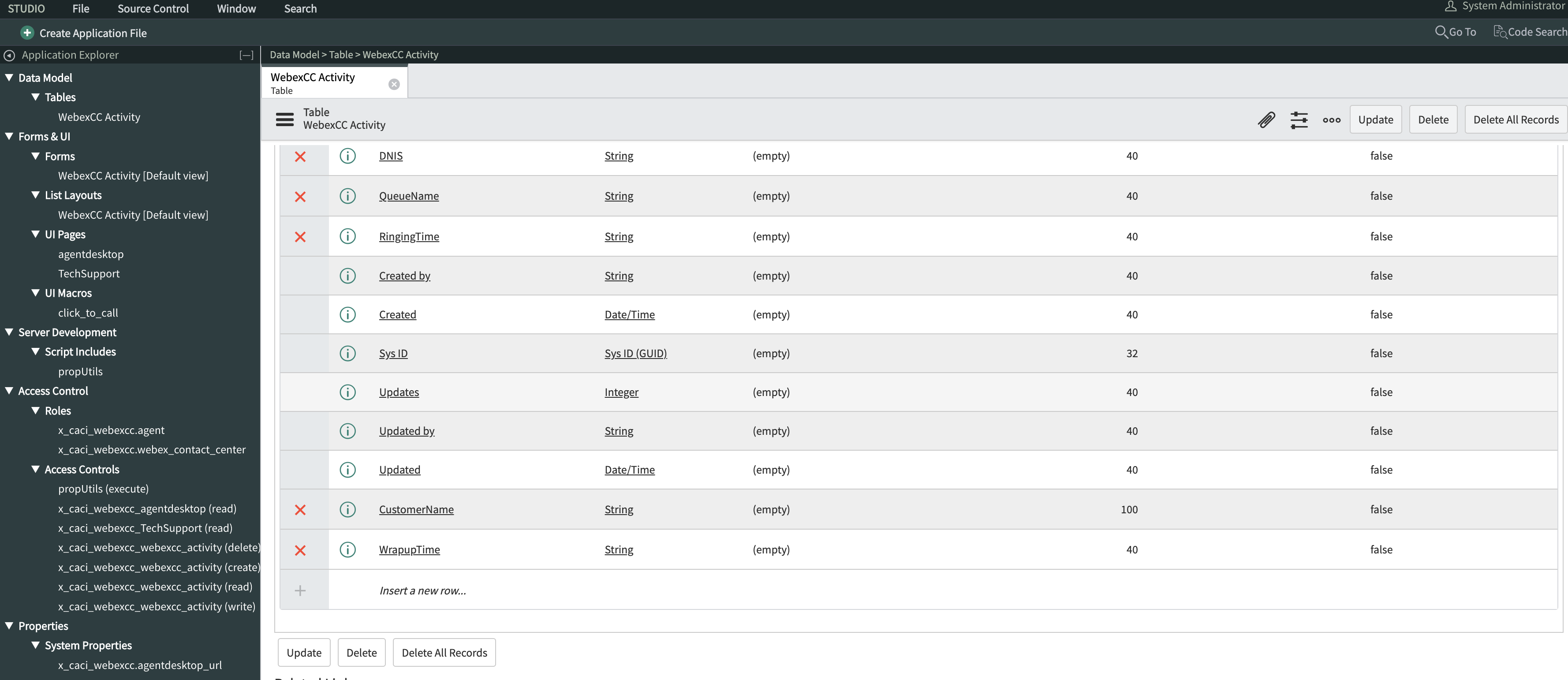 App Engine Studio WebexCC Activity table screen.