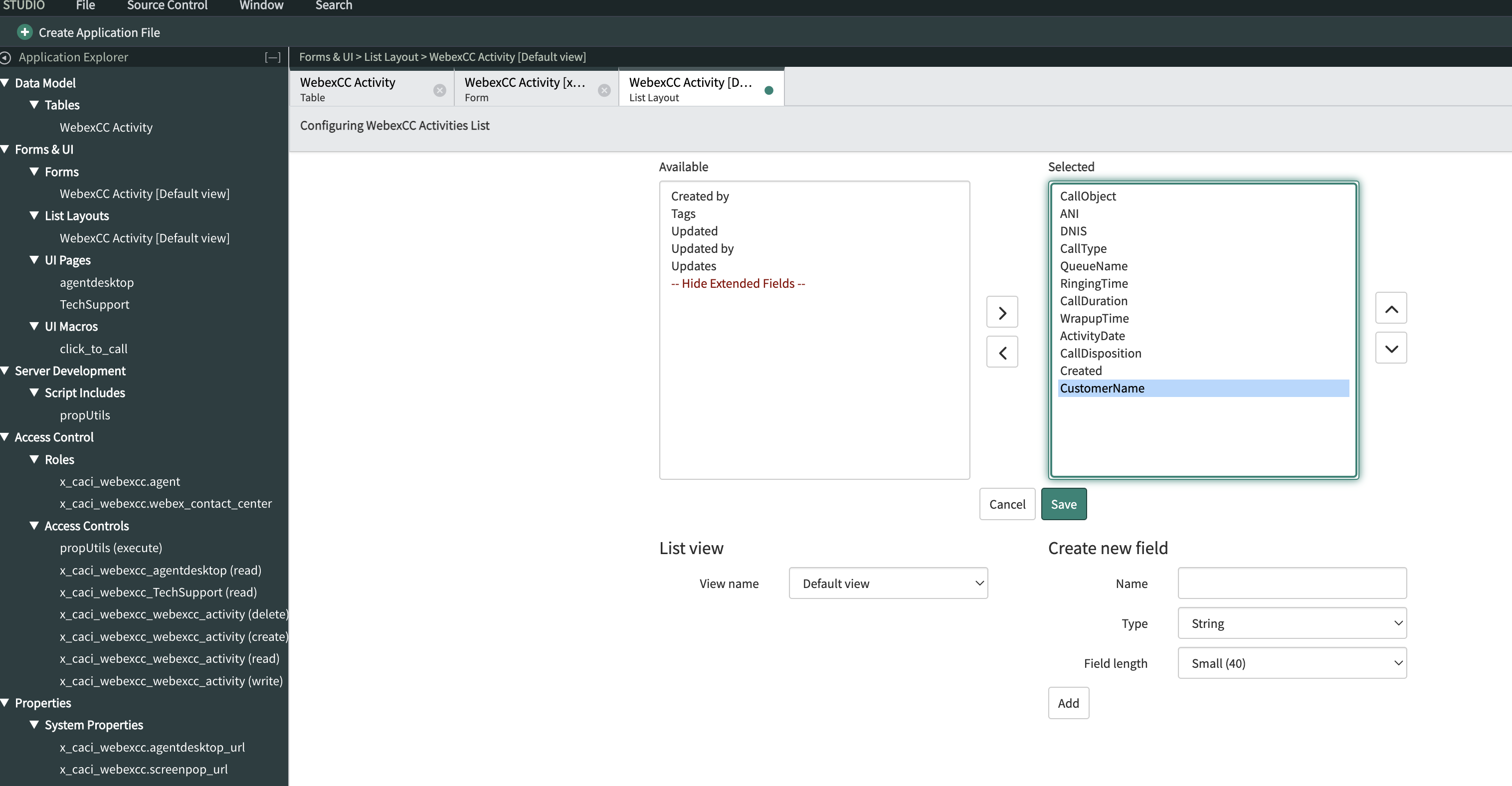 App Engine Studio WebexCC Activity table list layout showing ‘CustomerName’ highlighted in the ‘Selected’ column.