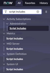 ServiceNow developer instance filter navigator search for ‘script includes’