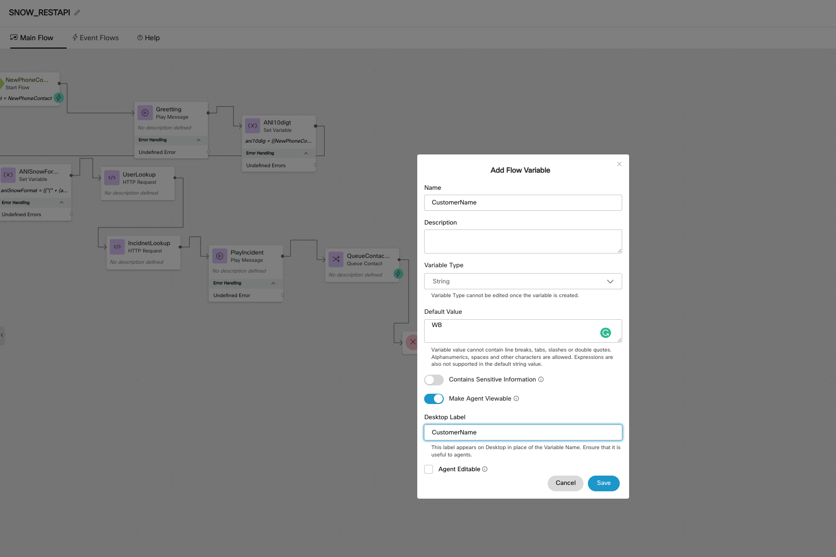 Webex Contact Center flow designer with Add Flow Variable popup showing adding a CustomerName variable.