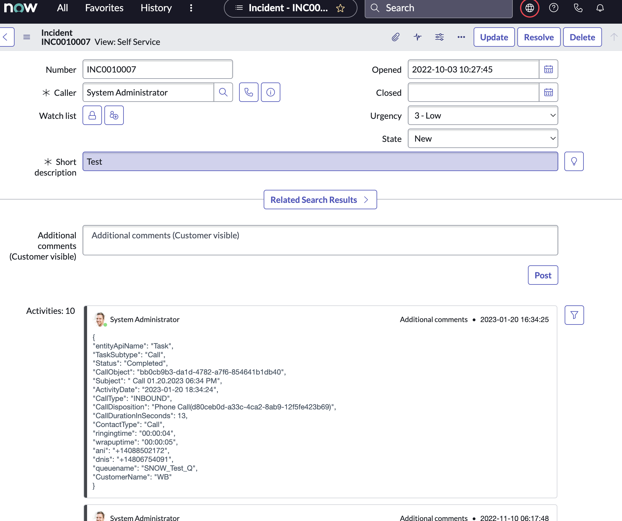 ServiceNow developer instance showing newly added CAD variable in the WebexCC Activity table.