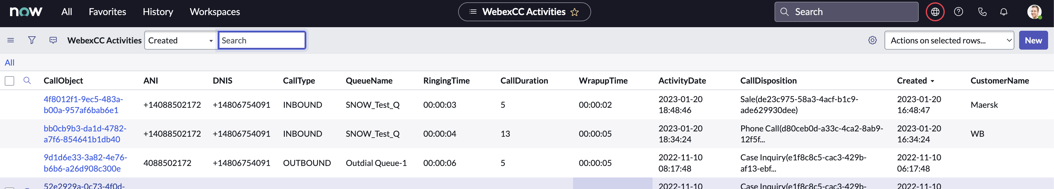 ServiceNow developer instance WebexCC Activities screen.