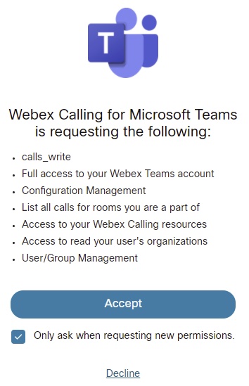 Permissions requested by Webex