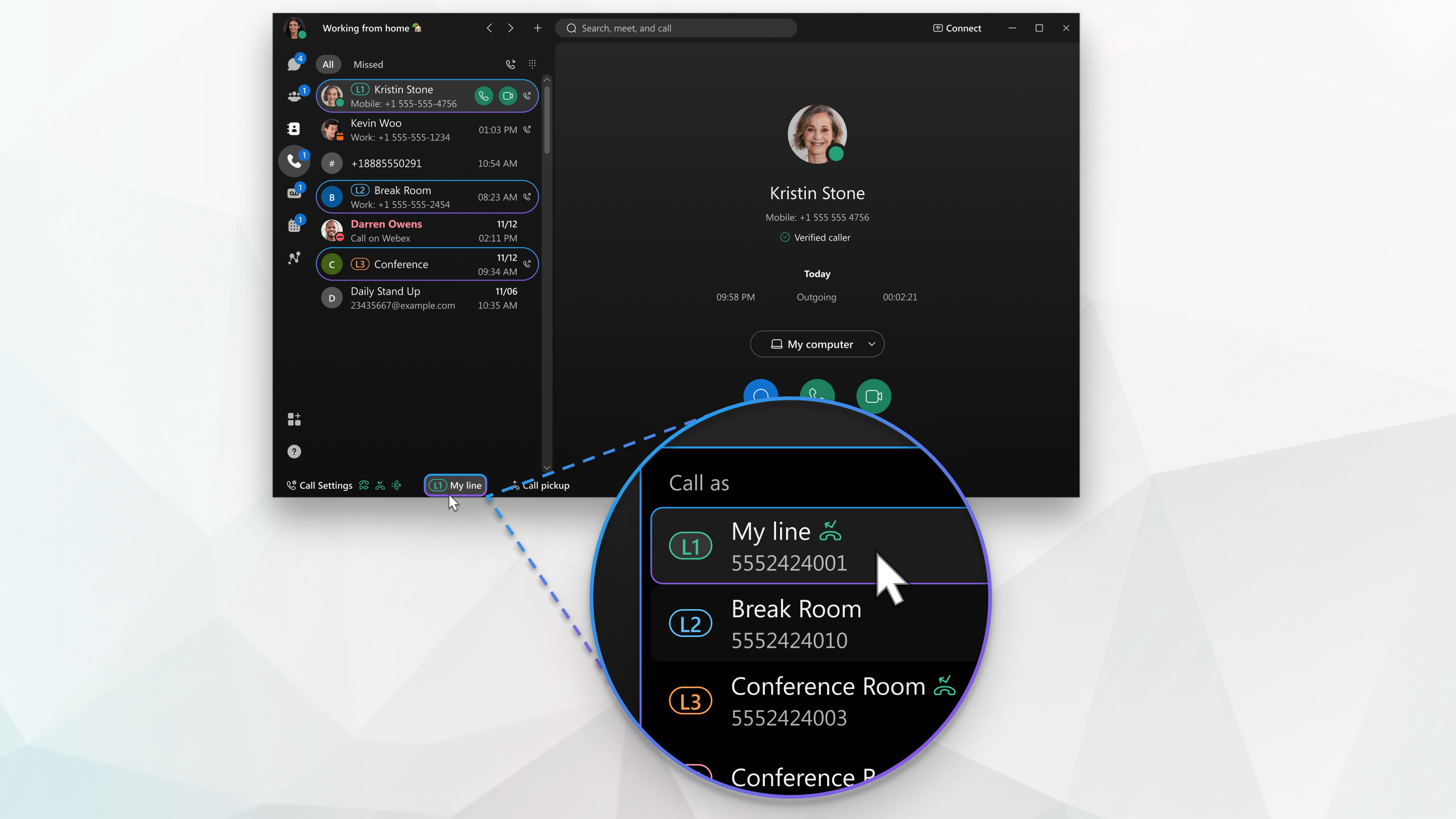 a demonstration of multiple calling lines in the desktop app