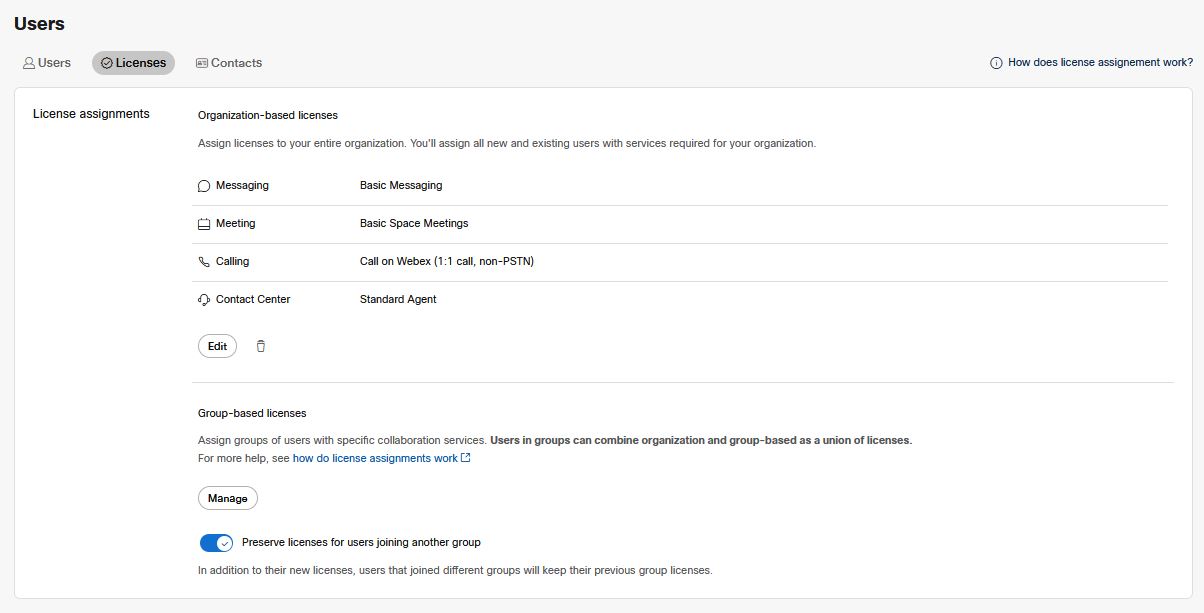 Página de asignaciones de licencias en Control Hub