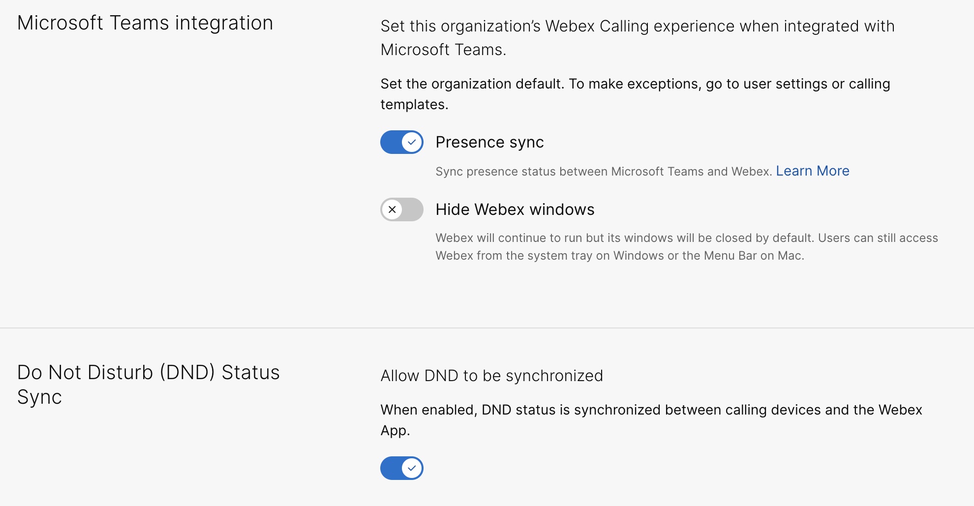 Enable Presence sync in Microsoft Teams integration, optionally turn on Hide Webex Window, and activate DND Status Sync.