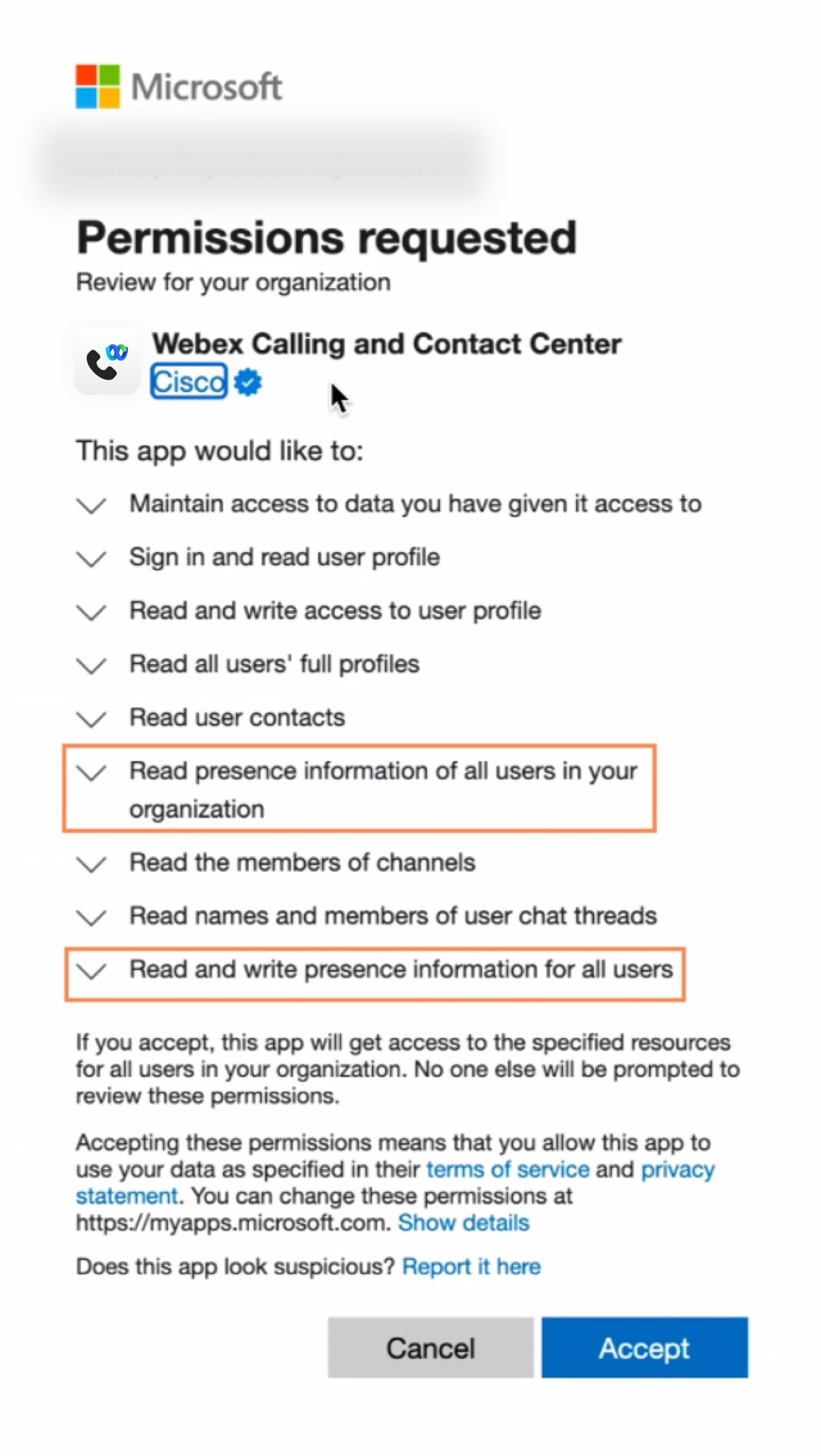 Kroky na integráciu Cisco Call do Teams: Prejdite do aplikácií Teams, vyhľadajte Cisco Call, udeľte súhlas správcu a overte povolenia na prítomnosť.