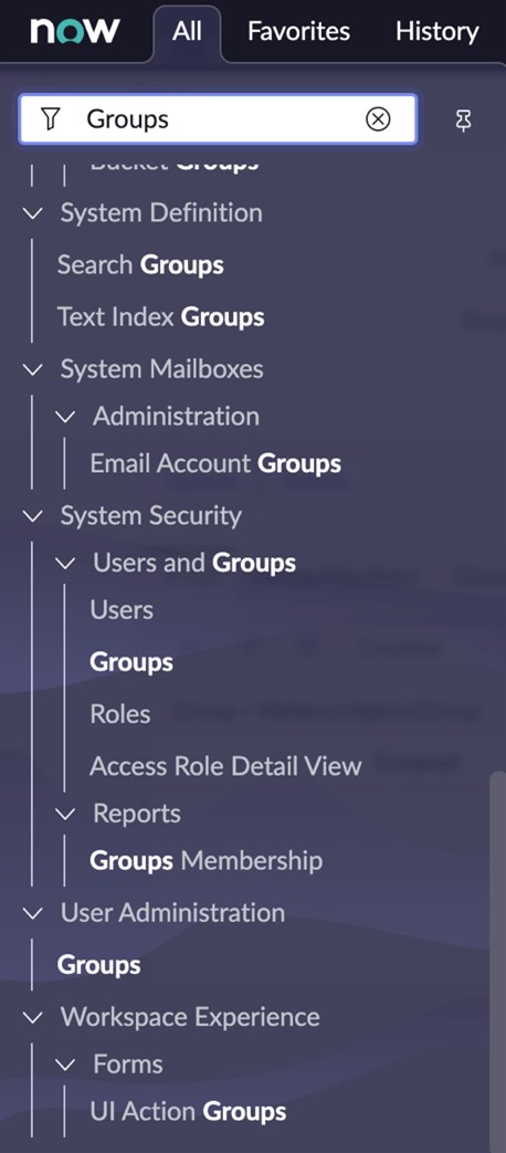 ServiceNow developer instance filter navigator search for ‘Groups’ under ‘System Security’