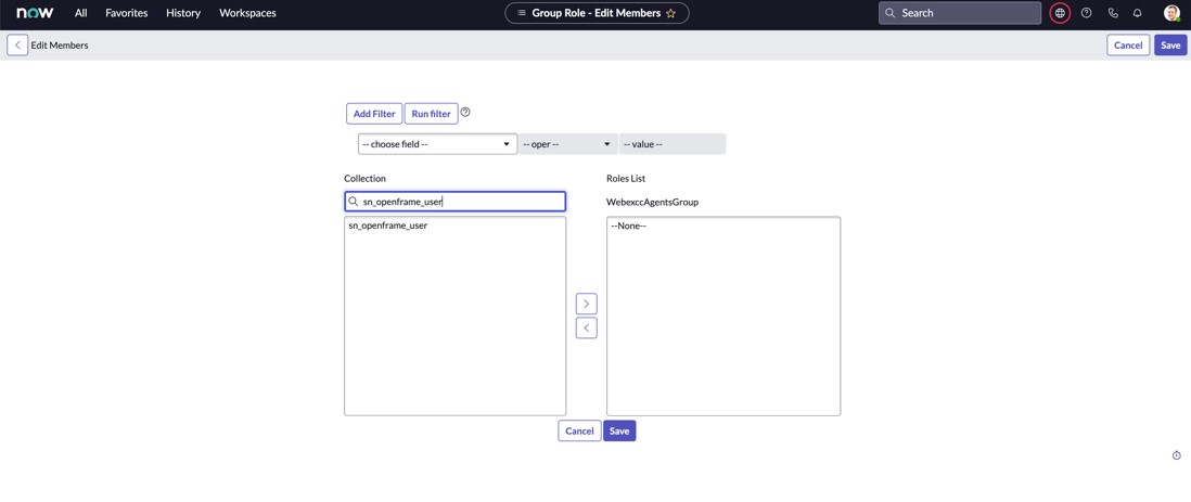 ServiceNow geliştirici örnek grubu düzenleme üyeleri sayfası koleksiyon için yapılan bir aramayı gösterir.