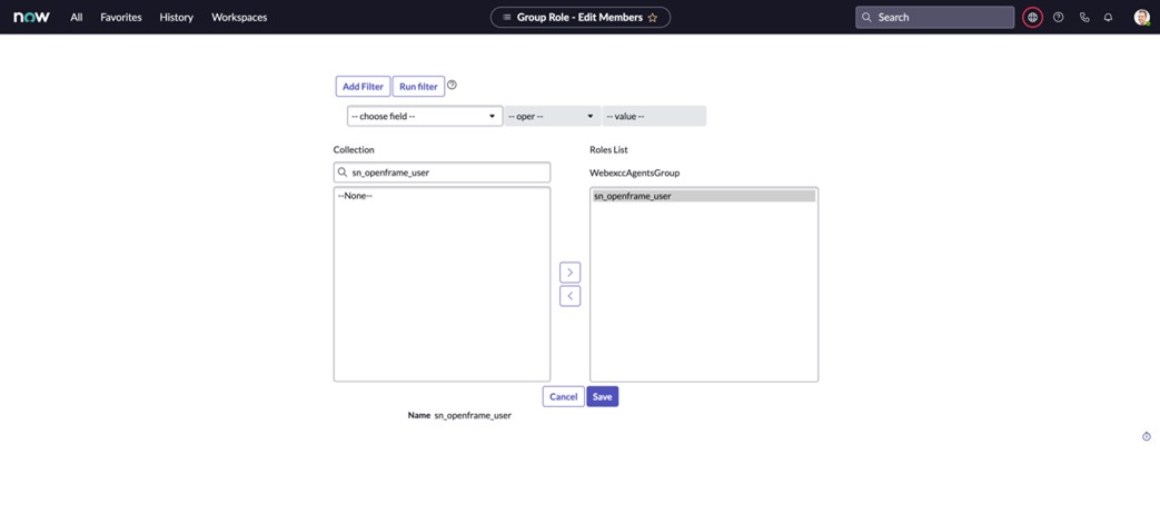 ServiceNow geliştirici örnek grubu düzenleme üyeleri sayfası, roller listesine taşınan bir koleksiyonu gösterir.