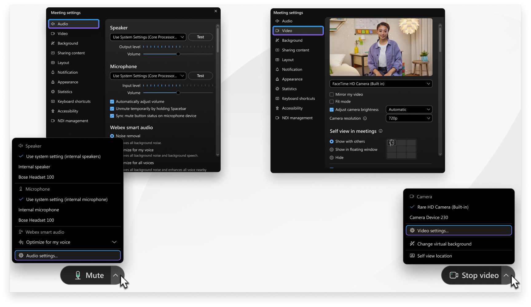 Acceder a la configuración de audio y video durante una llamada o reunión desde los controles de la reunión