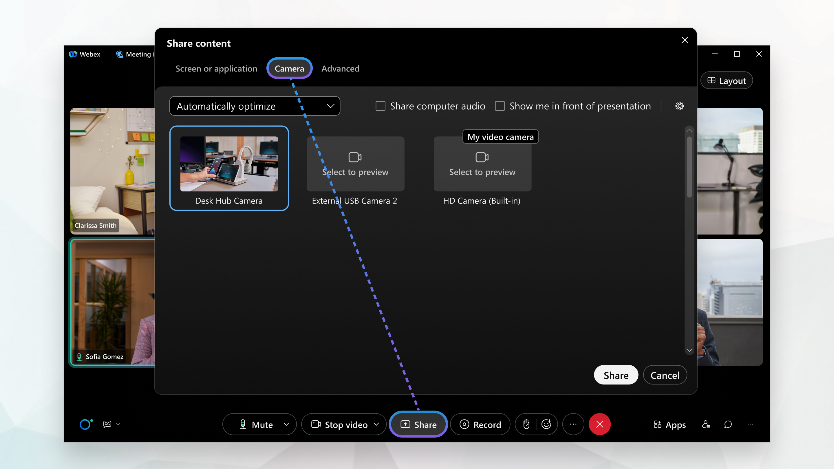 Приложение Webex | Совместный доступ к контенту с помощью внешней USB-камеры