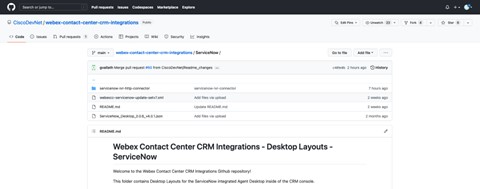 Webex Contact Center CRM entegrasyonları için Gitow repo ekran görüntüsü – ServiceNow.