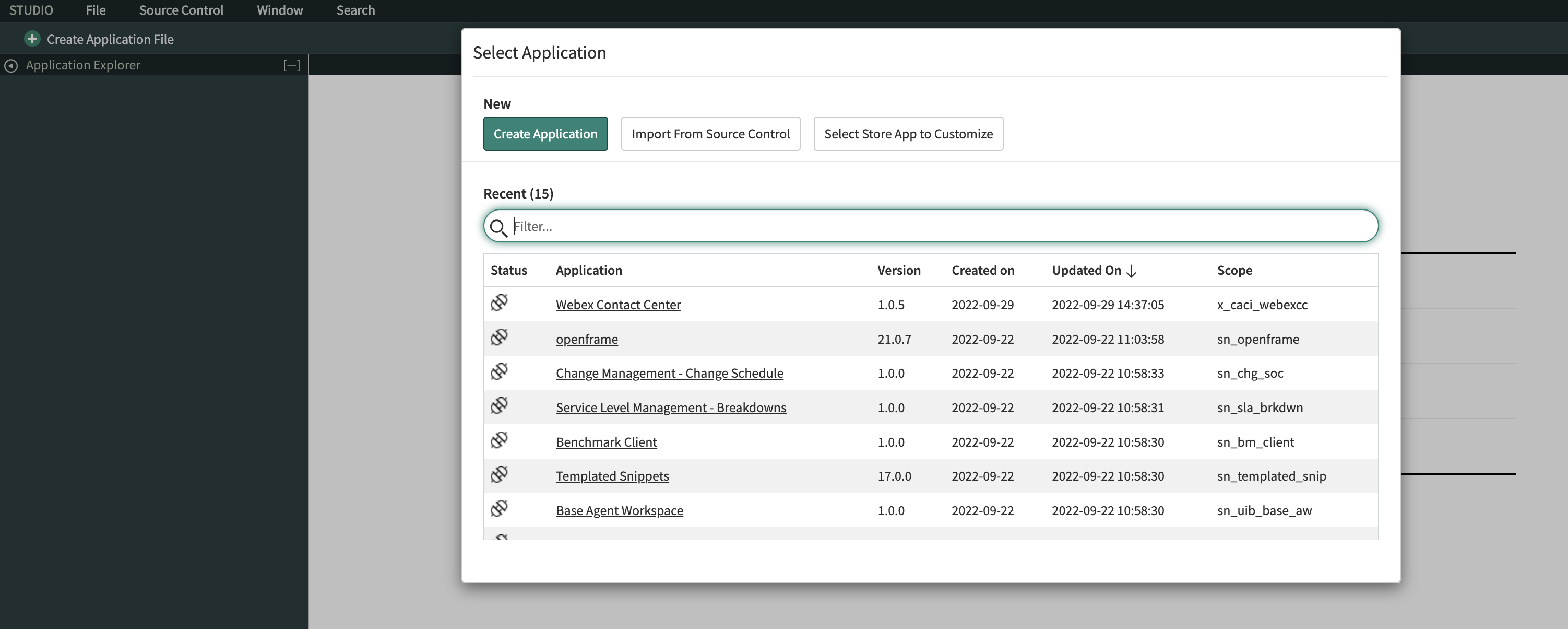 ServiceNow için Studio uygulaması ve Uygulama Seç penceresi açık.