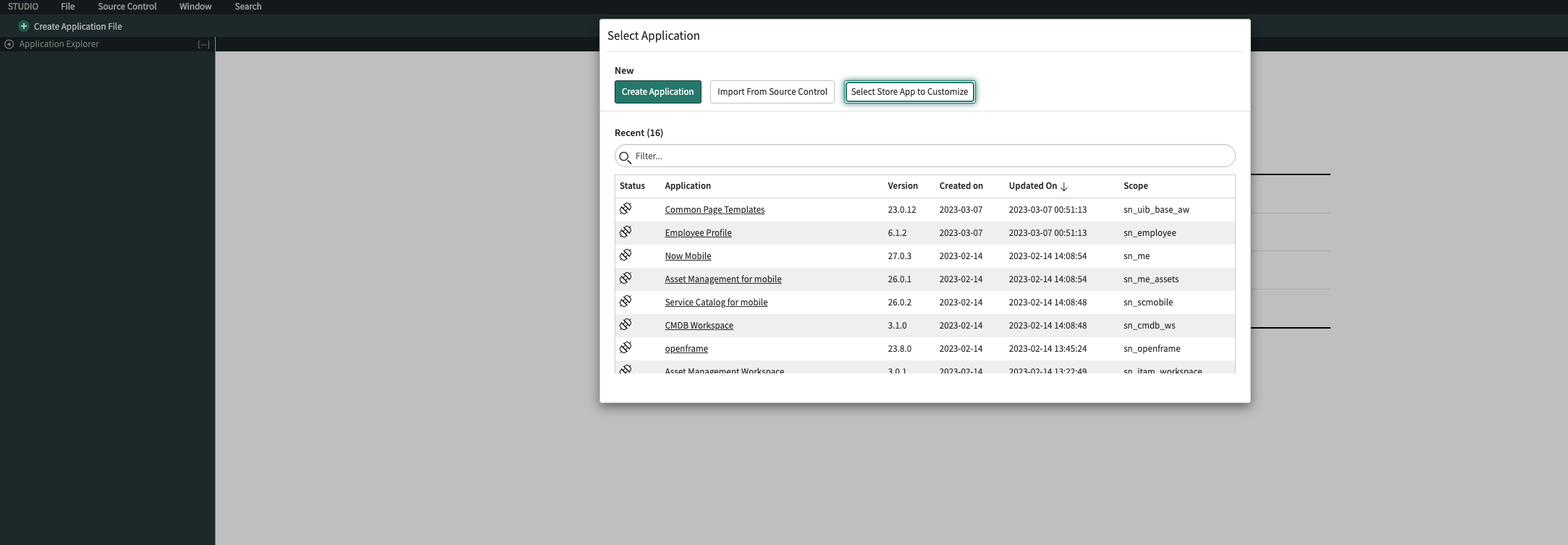 ServiceNow için Studio uygulaması, Uygulama Seç penceresi açık ve 'Özelleştirilecek Mağaza Uygulamasını Seç' seçili.