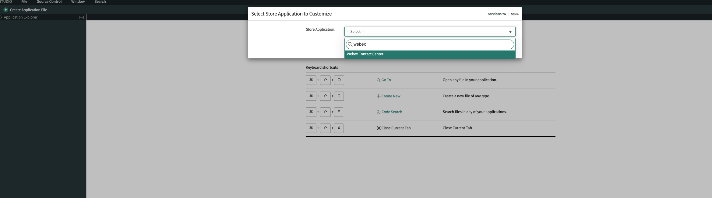 ServiceNow için 'Özelleştirilecek Mağaza Uygulamasını Seç' penceresi açık ve 'Webex Contact Center' seçili stüdyo uygulaması.