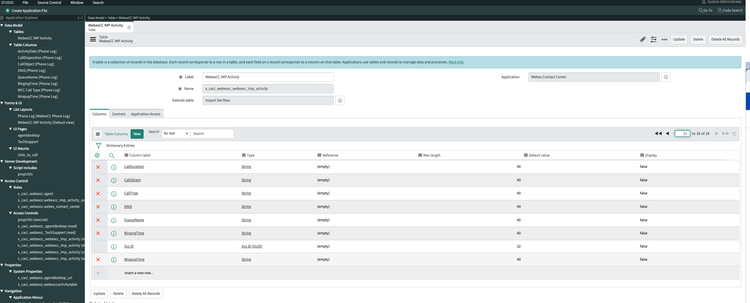 ServiceNow WebexCC IMP Activity tablosu için Studio uygulaması.