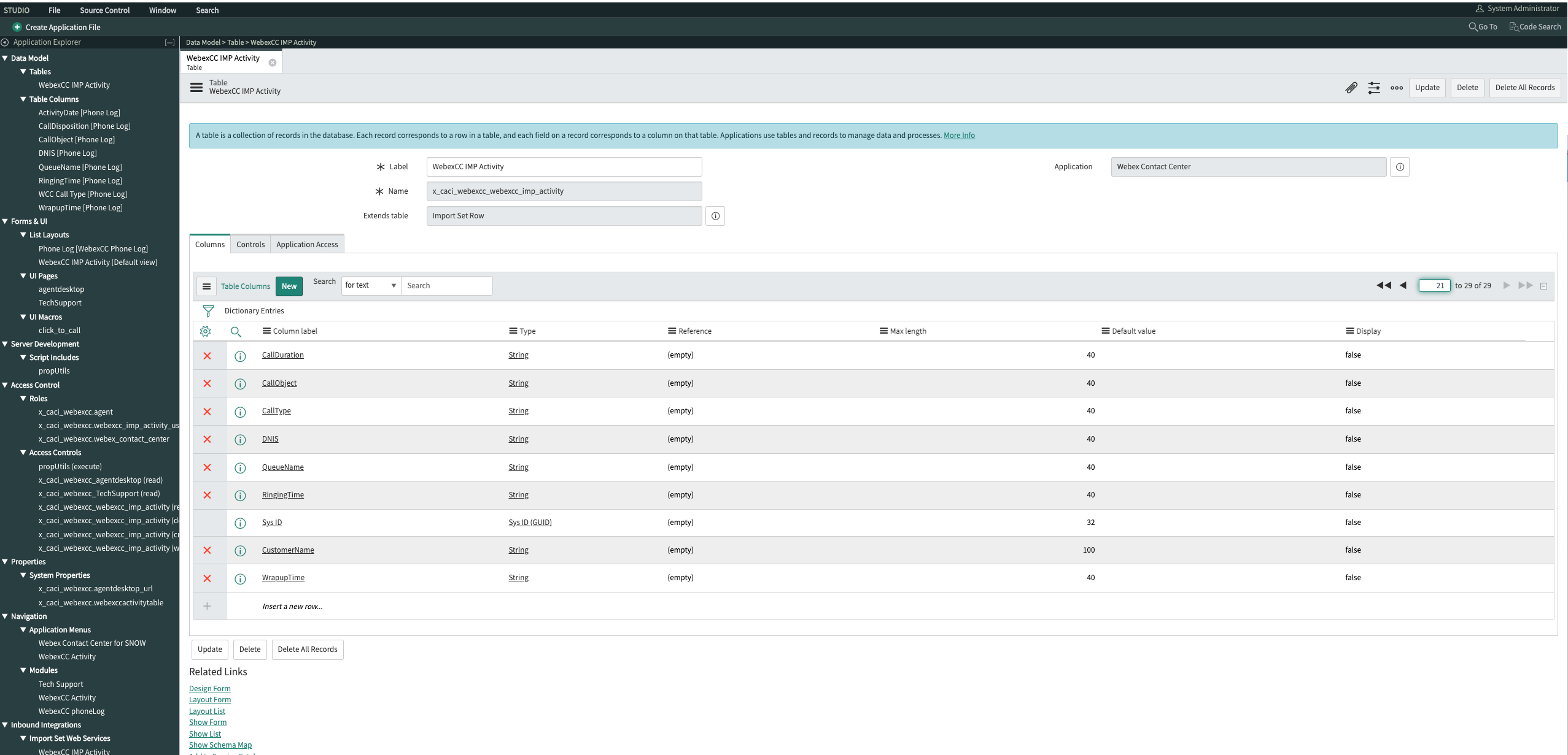 ServiceNow WebexCC IMP Activity tablosu için Studio uygulaması, yeni sütun eklenmiş yeni sütun örneği.