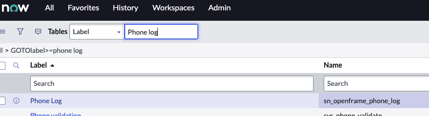ServiceNow geliştirici örneği telefon günlüğü tablosunu arar.