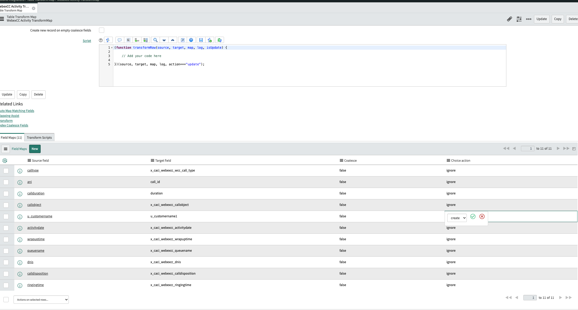 ServiceNow WebexCC Etkinlik Dönüşüm Haritası için Studio uygulaması, Seçim eylemi sütunuyla birlikte 'yoksay' veya 'oluştur' seçeneğinin seçilebileceği açılır menüyü gösteriyor.