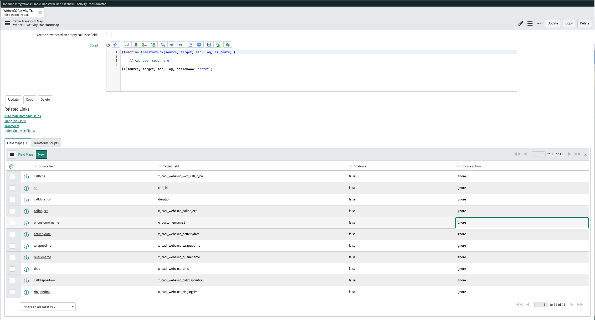 ServiceNow WebexCC Etkinlik Dönüşüm Haritası için Studio uygulaması, müşteri adı kaynak alanı için Seçim eylemi sütunu ve 'yoksay' vurgulanmıştır.