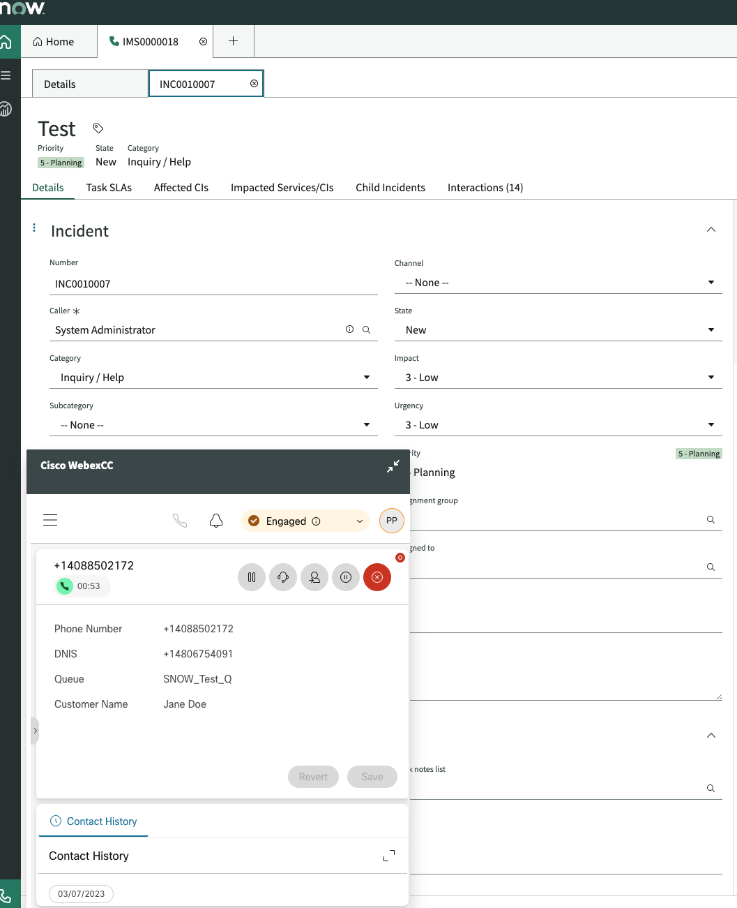 Cisco WebexCC açılır penceresinde 'Müşteri Adı'nı gösteren, WebexCC Etkinlik tablosuna yeni eklenen CAD değişkeninin ServiceNow örneği.