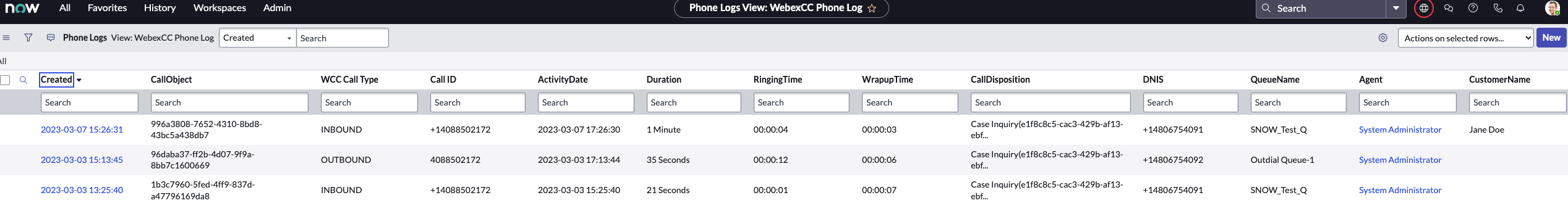 WebexCC Activity tablosuna yeni eklenen CAD değişkeninin ServiceNow geliştirici örneği, 'CustomerName' sütununu gösteriyor.