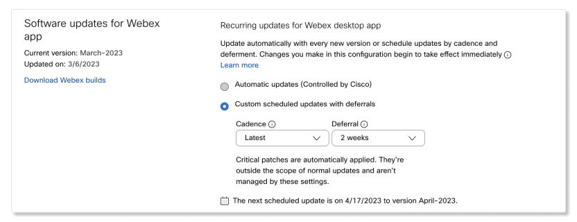 Oppdaterte programvareoppdateringer for innstillinger for Webex-appen i Control Hub.